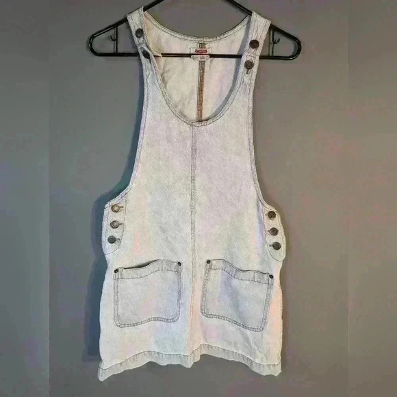 Vintage Atlast & co light wash denim jumper small 2 front pockets adjust straps - Picture 1 of 10